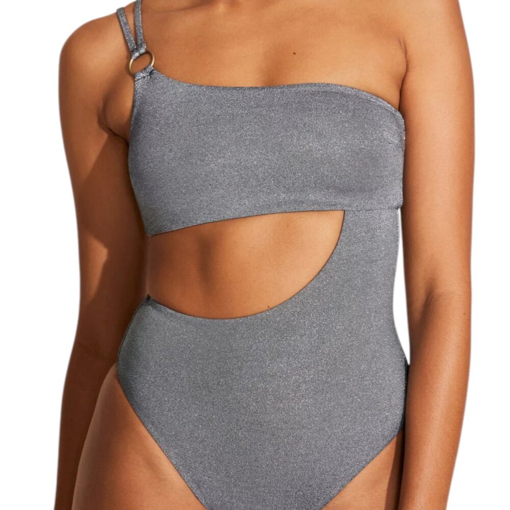 Vitamin A NWOT NEVER WORN Cosmo One Shoulder One Piece Metallic Silver - Size M - Picture 5 of 9